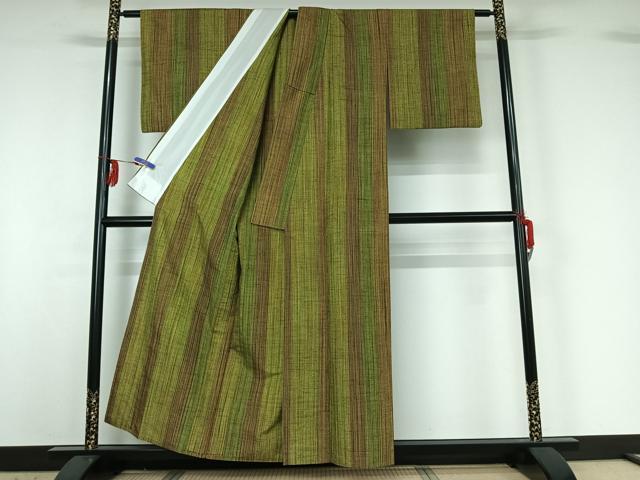 平和屋着物▽上質な紬 単衣 縞 正絹 逸品 AABG3829jh
