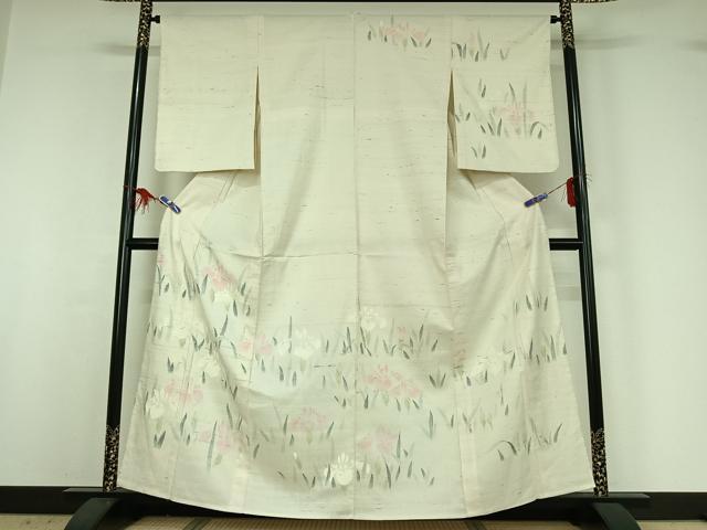 平和屋着物▽訪問着 単衣 紬地 燕子花文 正絹 逸品 AABG3830jh