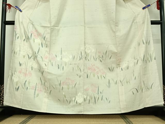 平和屋着物▽訪問着 単衣 紬地 燕子花文 正絹 逸品 AABG3830jh