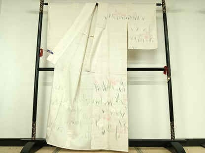 平和屋着物▽訪問着 単衣 紬地 燕子花文 正絹 逸品 AABG3830jh