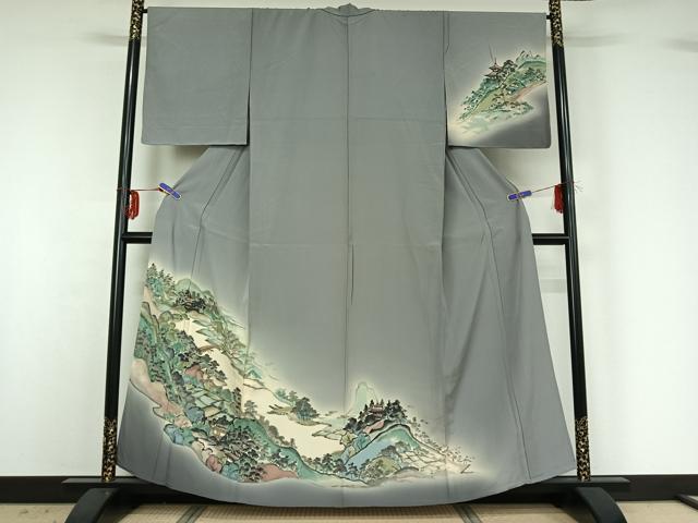 平和屋着物▽訪問着 単衣 手描き 風景文 暈し染め 金彩 正絹 逸品 AABG3832jh