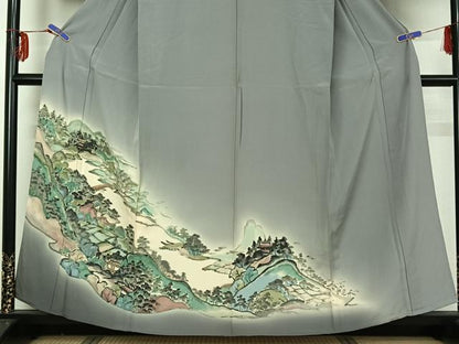 平和屋着物▽訪問着 単衣 手描き 風景文 暈し染め 金彩 正絹 逸品 AABG3832jh