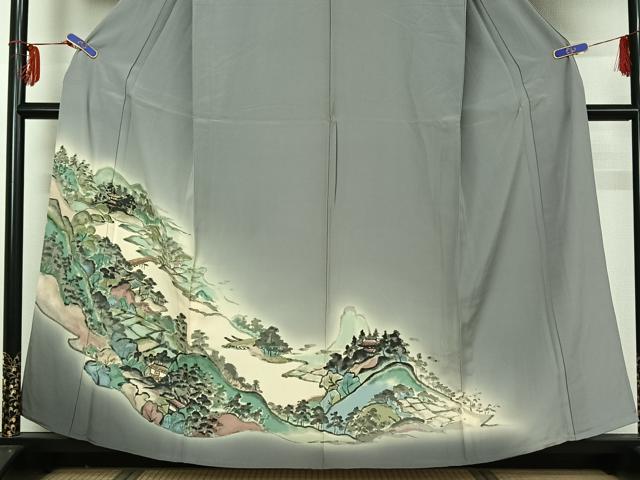 平和屋着物▽訪問着 単衣 手描き 風景文 暈し染め 金彩 正絹 逸品 AABG3832jh