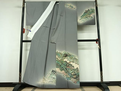 平和屋着物▽訪問着 単衣 手描き 風景文 暈し染め 金彩 正絹 逸品 AABG3832jh