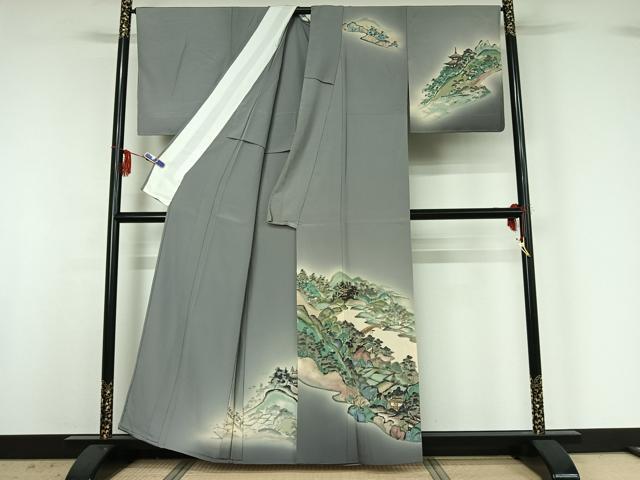 平和屋着物▽訪問着 単衣 手描き 風景文 暈し染め 金彩 正絹 逸品 AABG3832jh