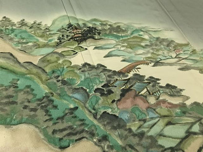 平和屋着物▽訪問着 単衣 手描き 風景文 暈し染め 金彩 正絹 逸品 AABG3832jh