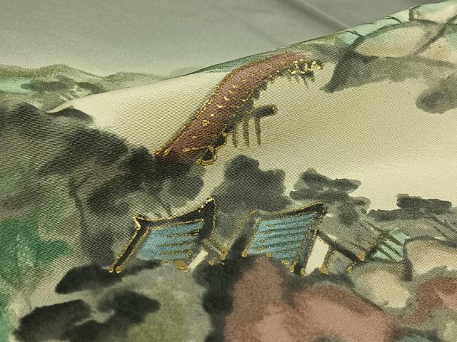 平和屋着物▽訪問着 単衣 手描き 風景文 暈し染め 金彩 正絹 逸品 AABG3832jh