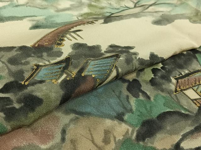 平和屋着物▽訪問着 単衣 手描き 風景文 暈し染め 金彩 正絹 逸品 AABG3832jh