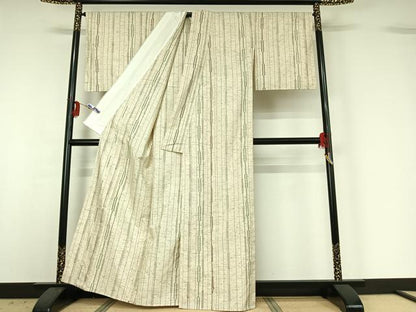 平和屋着物▽ぜんまい紬 単衣 縞 正絹 逸品 AABG3835jh