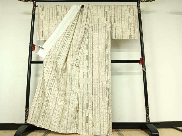 平和屋着物▽ぜんまい紬 単衣 縞 正絹 逸品 AABG3835jh