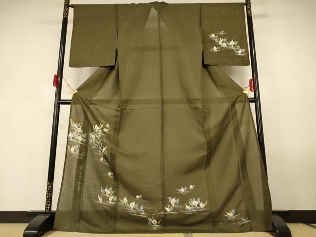 平和屋着物＊夏物 訪問着 紗 手書き 水芭蕉 ロング丈 正絹 逸品 AABG3854jd