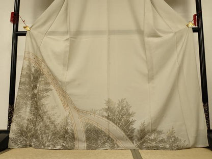 平和屋着物＊夏物 訪問着 絽 刺繍 渡橋風景文 金彩 ロング丈 正絹 逸品 AABG3868jd