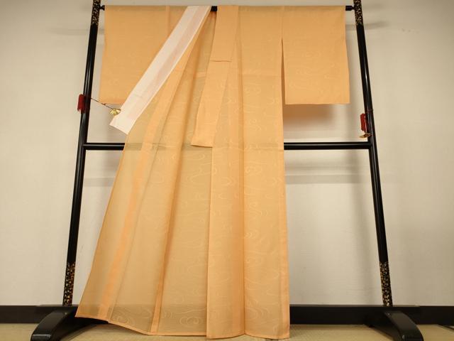 平和屋着物＊夏物　色無地　絽　流水紋紗　杏色　正絹　逸品　AABG3902jd