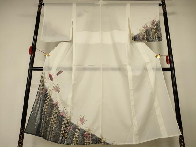 平和屋着物＊夏物　訪問着　絽　舞蝶文　銀彩　洗える着物　AABG3913jd