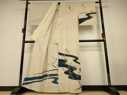 平和屋着物＊夏物 訪問着 生紬 流水草花文 正絹 逸品 AABG3916jd