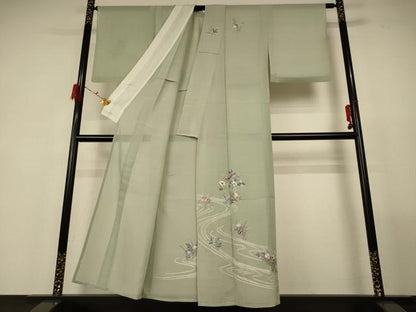 平和屋着物＊夏物 訪問着 紗 刺繍 流水草花文 正絹 逸品 AABG3920jd
