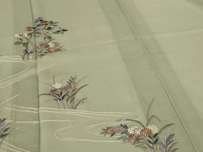 平和屋着物＊夏物 訪問着 紗 刺繍 流水草花文 正絹 逸品 AABG3920jd