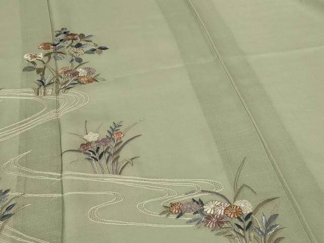 平和屋着物＊夏物 訪問着 紗 刺繍 流水草花文 正絹 逸品 AABG3920jd