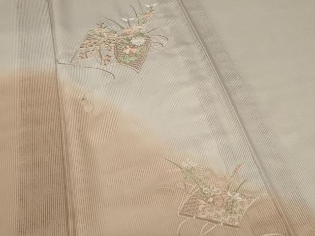 平和屋着物＊夏物　訪問着　縦絽　刺繍　草花文　暈し染め　正絹　逸品　AABG3921jd