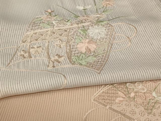 平和屋着物＊夏物　訪問着　縦絽　刺繍　草花文　暈し染め　正絹　逸品　AABG3921jd