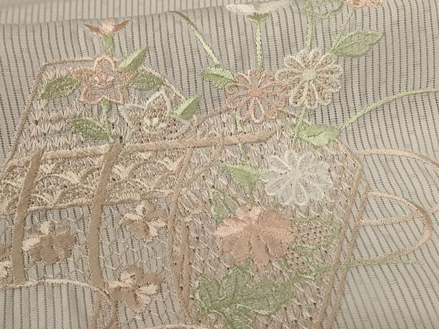 平和屋着物＊夏物　訪問着　縦絽　刺繍　草花文　暈し染め　正絹　逸品　AABG3921jd
