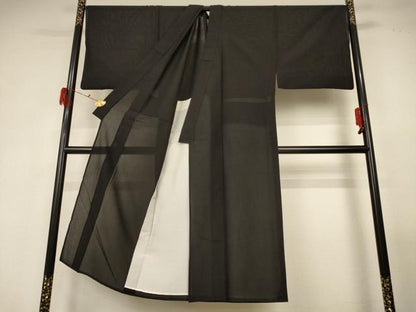 平和屋着物＊夏物　男性　色無地　絽　黒色　反端付き　正絹　逸品　AABG3929jd