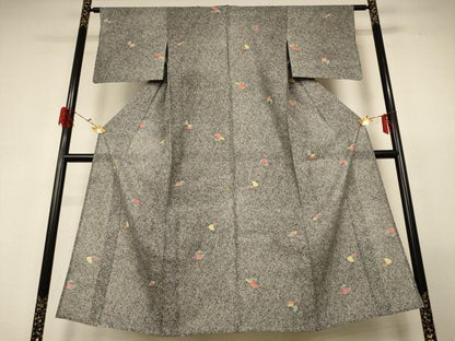 平和屋着物＊夏物 小紋 絽 舞花文 銀彩 正絹 逸品 AABG3955jd
