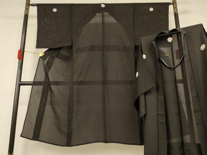 平和屋着物＊夏物　男性　黒紋付　羽織セット　絽　正絹　逸品　AABG3975jd