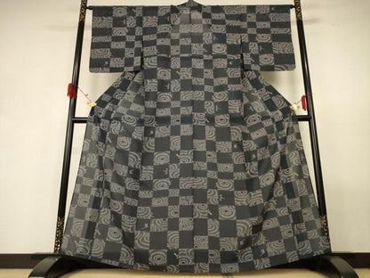 平和屋着物＊夏物 小紋 絽 市松文様 蜻蛉 洗える着物 AABG3990jd