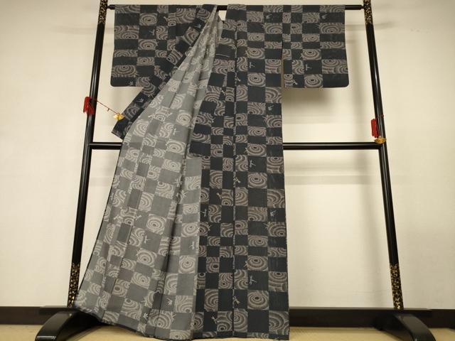 平和屋着物＊夏物 小紋 絽 市松文様 蜻蛉 洗える着物 AABG3990jd