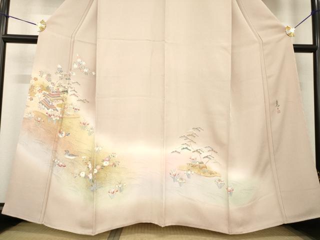 平和屋着物●京友禅の第一人者　松井青々　訪問着　風景鴛鴦花文　暈し染め　金彩　正絹　逸品　AABG4009ck