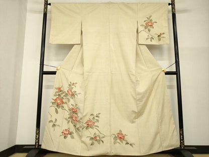 平和屋着物●訪問着　紬地　手描き　枝椿　正絹　逸品　AABG4019ck