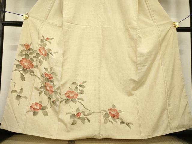 平和屋着物●訪問着　紬地　手描き　枝椿　正絹　逸品　AABG4019ck