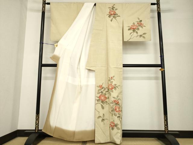 平和屋着物●訪問着　紬地　手描き　枝椿　正絹　逸品　AABG4019ck
