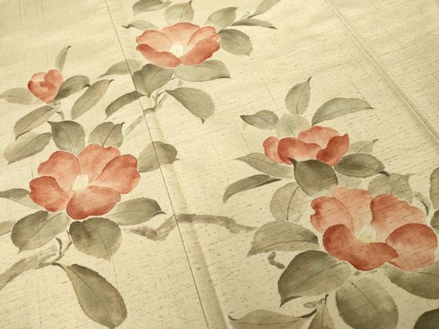 平和屋着物●訪問着　紬地　手描き　枝椿　正絹　逸品　AABG4019ck