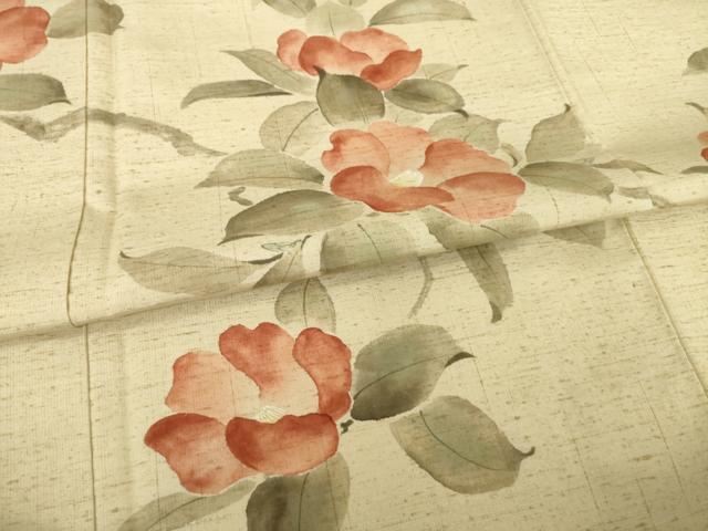 平和屋着物●訪問着　紬地　手描き　枝椿　正絹　逸品　AABG4019ck