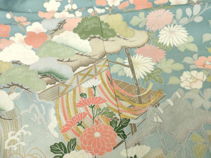 平和屋着物●訪問着　友禅　風景花文　正絹　逸品　AABG4027ck