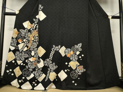 平和屋着物●訪問着　駒刺繍　絞り　草花文　黒地　正絹　逸品　AABG4032ck
