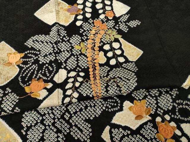 平和屋着物●訪問着　駒刺繍　絞り　草花文　黒地　正絹　逸品　AABG4032ck