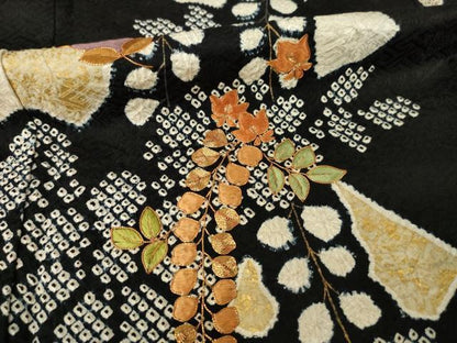 平和屋着物●訪問着　駒刺繍　絞り　草花文　黒地　正絹　逸品　AABG4032ck