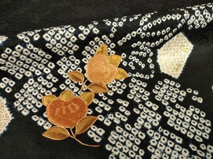 平和屋着物●訪問着　駒刺繍　絞り　草花文　黒地　正絹　逸品　AABG4032ck