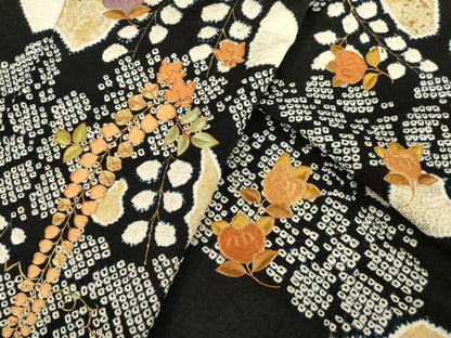 平和屋着物●訪問着　駒刺繍　絞り　草花文　黒地　正絹　逸品　AABG4032ck
