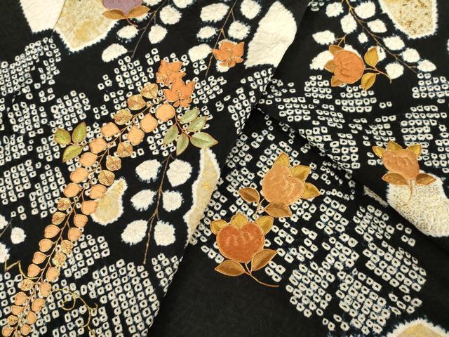 平和屋着物●訪問着　駒刺繍　絞り　草花文　黒地　正絹　逸品　AABG4032ck