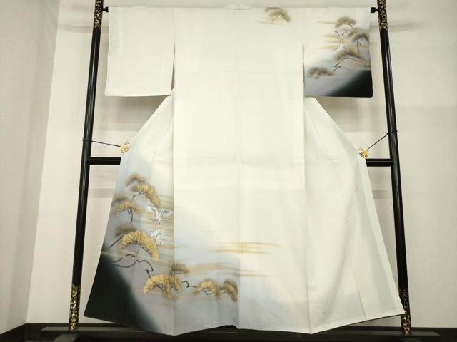 平和屋着物●近代日本画の巨匠　横山大観　じゅらく謹製　大観好み　訪問着　手描き　飛鶴松文　暈し染め　金彩　正絹　逸品　AABG4039ck