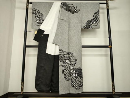 平和屋着物●訪問着　総絞り　道長文　黒地　正絹　逸品　未使用　AABG4041ck