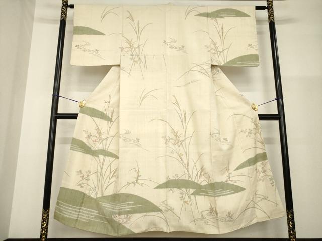 平和屋着物●訪問着　生紬　絞り　草花文　正絹　逸品　AABG4046ck