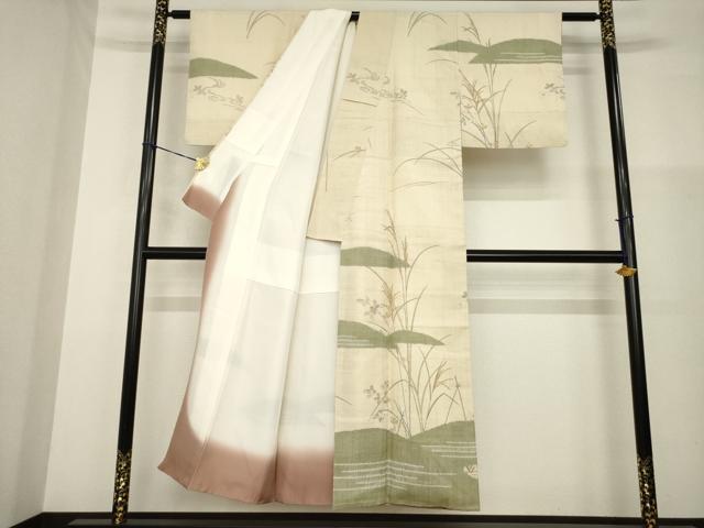 平和屋着物●訪問着　生紬　絞り　草花文　正絹　逸品　AABG4046ck