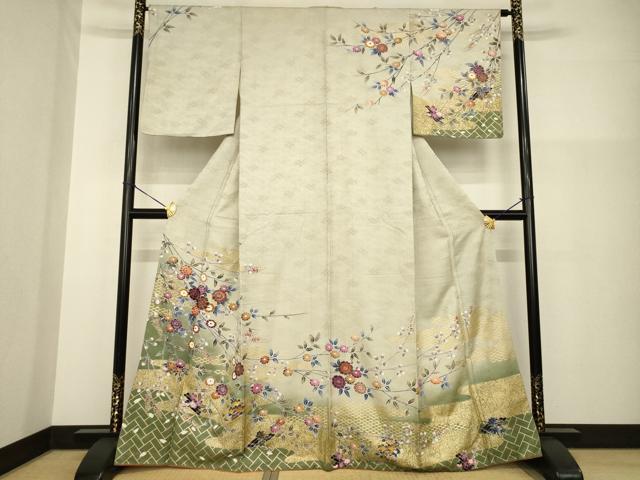 平和屋着物●訪問着　友禅　草花文　暈し染め　金彩　正絹　逸品　AABG4052ck