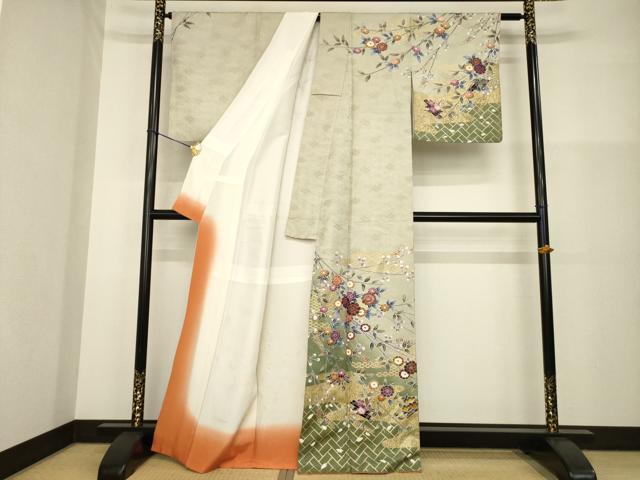 平和屋着物●訪問着　友禅　草花文　暈し染め　金彩　正絹　逸品　AABG4052ck