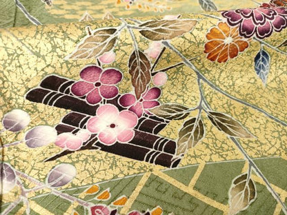 平和屋着物●訪問着　友禅　草花文　暈し染め　金彩　正絹　逸品　AABG4052ck